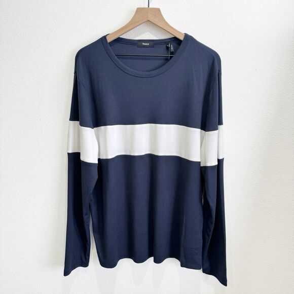 Theory Sweater Mens XL Navy White‎ Striped Pullover Soft Comfy Nautical NEW - Picture 1 of 16